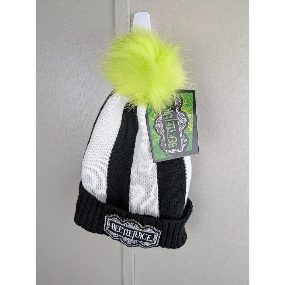 Beetlejuice Striped Knit Beanie Hat with Neon Green Pom Pom Kids One Size NWT